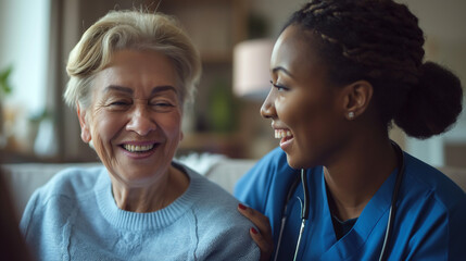 A home health care worker assists an elderly woman in her home