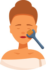 Woman is gently rolling a derma roller on her face as part of her skincare routine