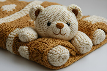 a stuffed bear on a blanket

