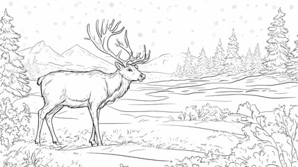 Reindeer in a winter tundra scene for coloring fun. Tundra. Illustration