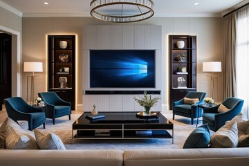 Modern Living Area with LED Screen Elegant Decor and Neutral Color Palette