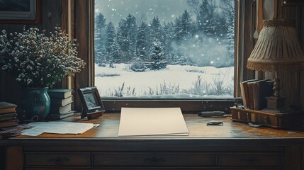 Mockup of a blank letter on a wooden desk with a snowy landscape visible through the window, ideal for winter-themed correspondence. 4K hyperrealistic photo.