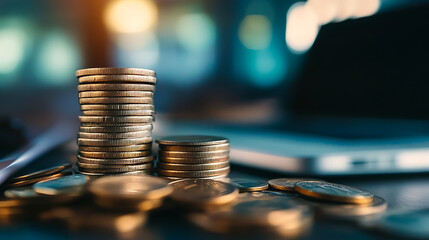 Stacks of gold coins on a desk with a laptop and phone in the background.