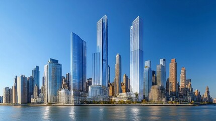 Fototapeta premium Manhattan waterfront cityscape with modern skyscrapers under clear blue sky.