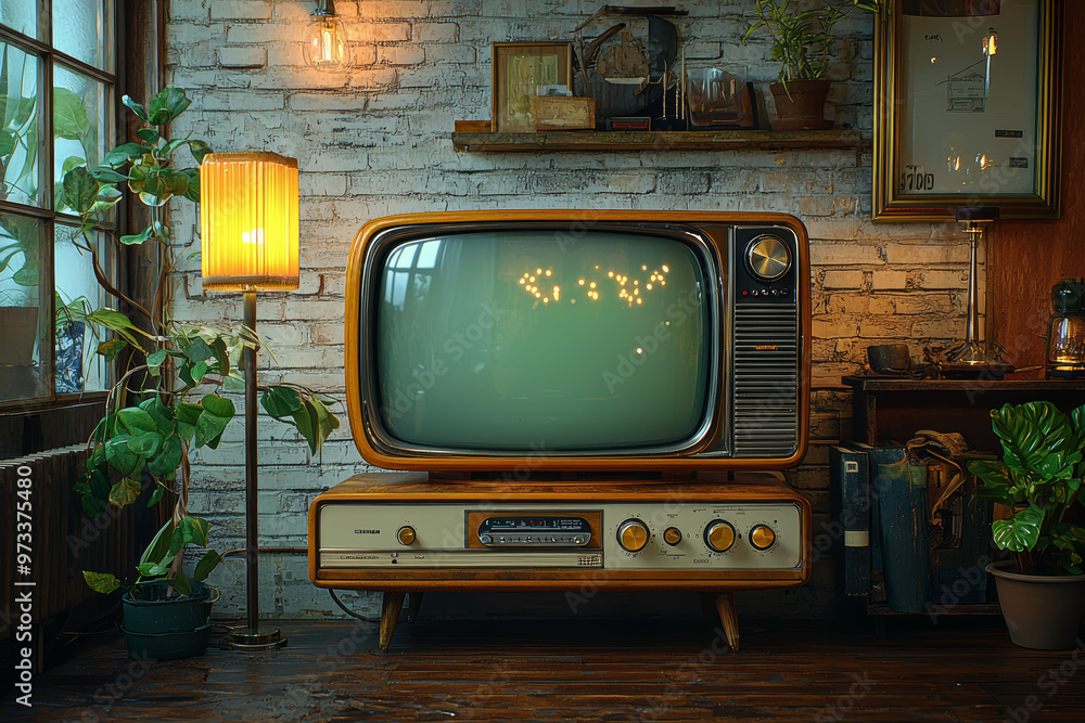 Poster a 1960s television set with a modern flat-screen display inside, blending old design with new techno