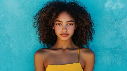 Portrait of a biracial girl with curly hair standing against blue wall.Concept of gen