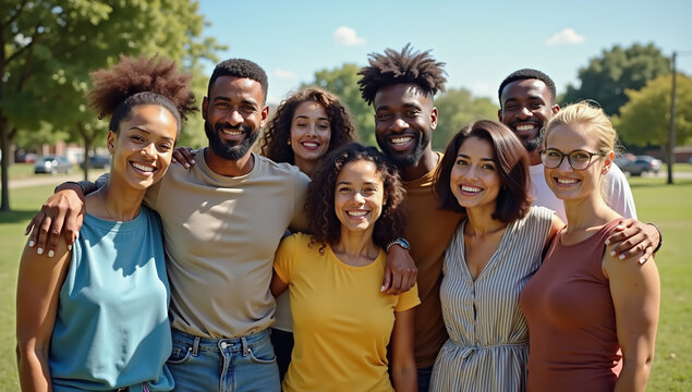 Smiling diverse group of friends standing together outdoors in a park, representing unity and friendship