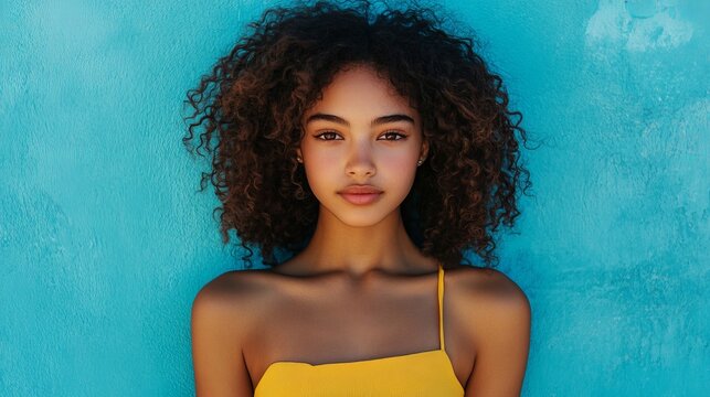 Portrait of a biracial girl with curly hair standing against blue wall.Concept of gen