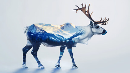 Obraz premium A reindeer with a snowy tundra landscape overlaid on its body. Tundra. Illustration
