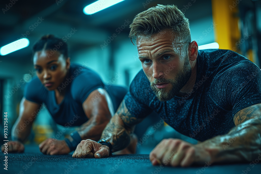 Poster a trainer guiding a client through a set of push-ups on a gym floor, emphasizing personal coaching a