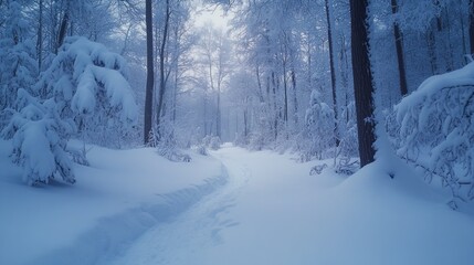 Obraz premium Snowshoeing through deep snow in a quiet winter forest, with snow-laden branches and crisp, cold air. 4K hyperrealistic photo.