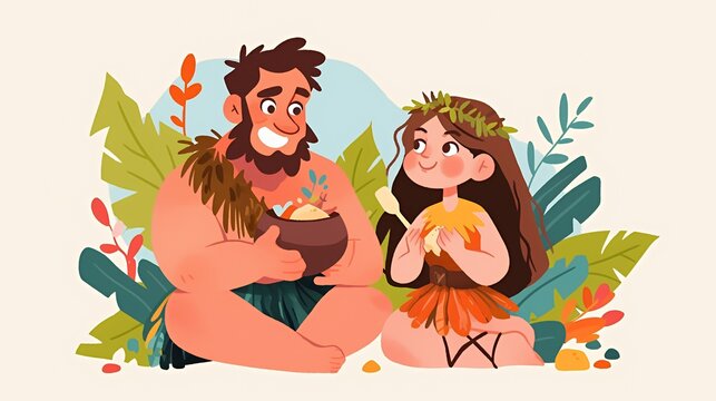 A caveman and a woman in a leafy setting share a meal of cooked food.