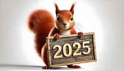 A photorealistic image of a red squirrel holding a wooden sign 2025. The squirrel is standing confidently, looking directly in the camera. Happy new year – Resolutions – Sport - Health.
