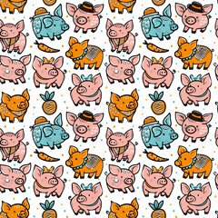 Seamless pattern pig, oink, hat, kerchief, bow, vector flat pattern for fabric, packaging, stationery.