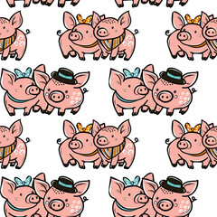 Seamless pattern pig, oink, hat, kerchief, bow, vector flat pattern for fabric, packaging, stationery.