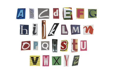 Set of cut-out English alphabet from magazines on a transparent background, retro y2k style