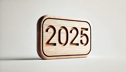A minimalistic image featuring only a wooden sign 2025. The wooden sign has a rustic, natural texture with visible wood grain. Happy new year – Resolutions – Sport - Health.
