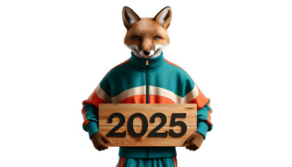 A photorealistic image of a fox wearing a fancy, stylish tracksuit, holding up a wooden sign 2025. Happy new year – Resolutions – Sport - Health.
