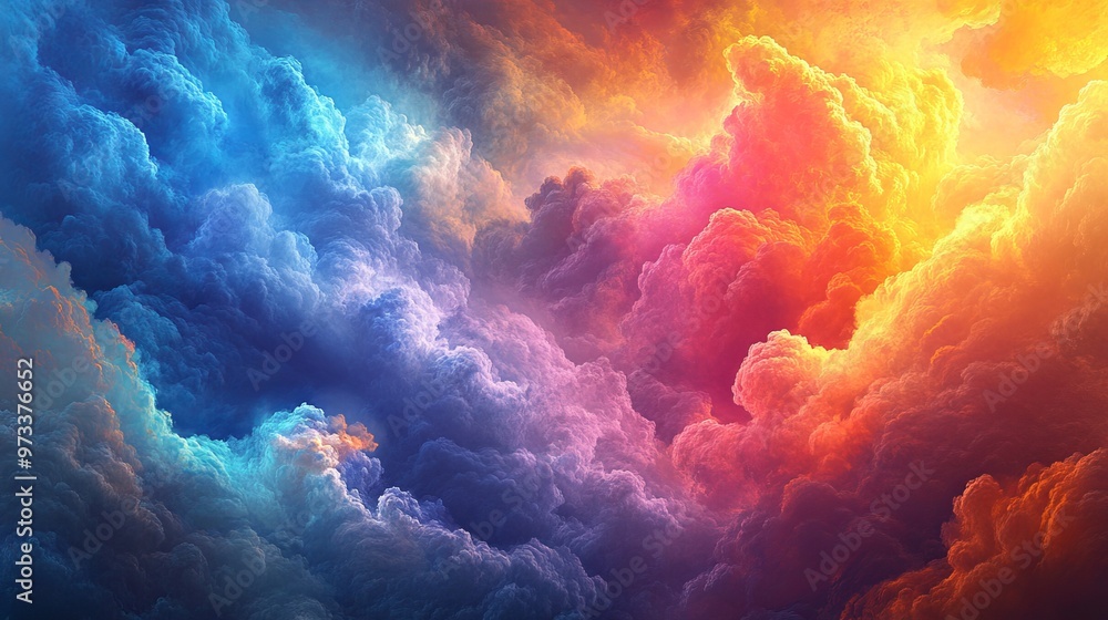 Poster a vibrant artwork featuring abstract clouds blending warm and cool hues, captivating the viewer with