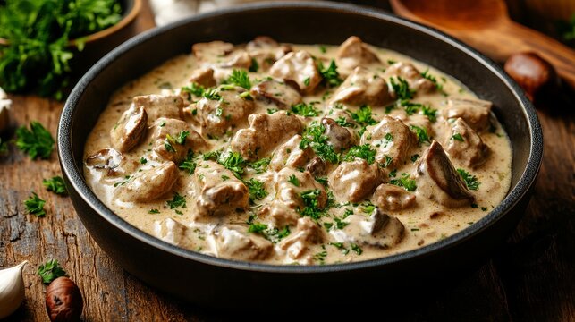delicious beef stroganoff - veal strips stewed with porcini in sour cream sauce sprinkled with finely chopped parsley on skillet, authentic recipe, view from