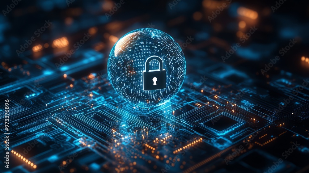 Poster globe with digital padlock over circuit board, dark background. concept of global cybersecurity and 
