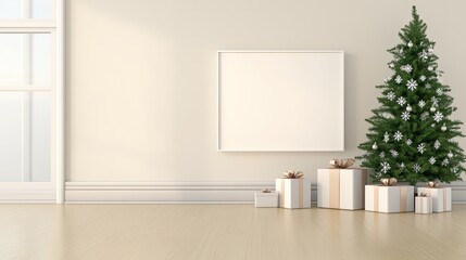 A beautifully decorated living room features a large blank frame, a small Christmas tree, and a beige sofa, creating a warm and inviting ambiance perfect for the holiday season