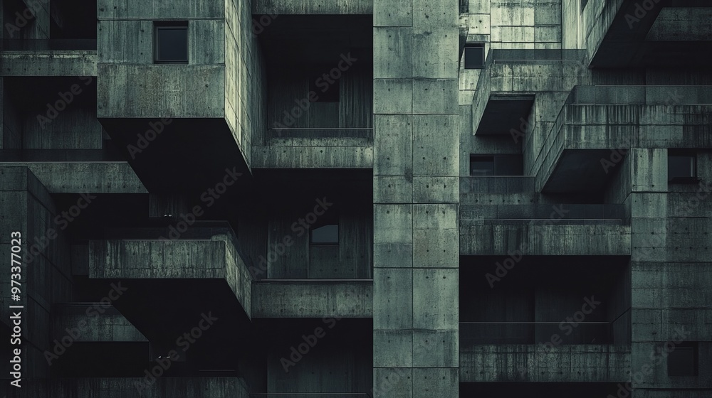 Aufkleber brutalist apartment complex with repetitive, modular design, featuring deep shadows and harsh concre