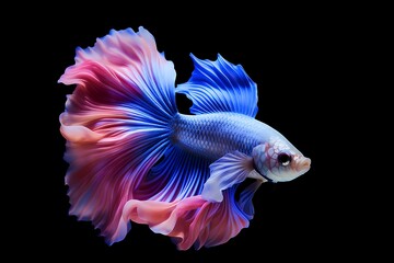 Fototapeta premium Vibrant blue and pink Siamese fighting fish swimming gracefully against a solid black background.