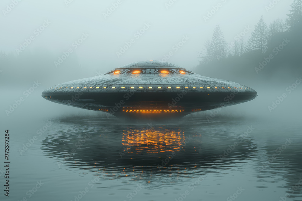 Sticker a saucer-shaped ufo with reflective surfaces emerging from a misty lake, creating ripples on the wat