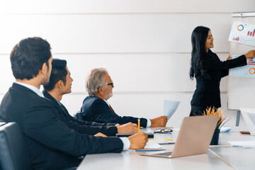 Asian business people listening to presentation from businesswoman who stands in front of group meeting room at international business conference. Multicultural corporate strategy concept. uds