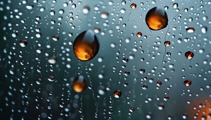 serene view of raindrops cascading down a windowpane, creating a blurred masterpiece of natures art