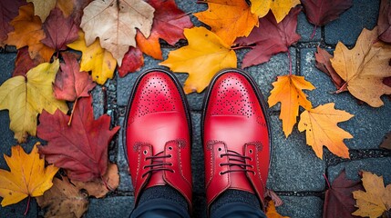 A vibrant image of red leather shoes standing out against a backdrop of fallen autumn leaves, capturing the essence of fall fashion and the season's colorful beauty on a city street.