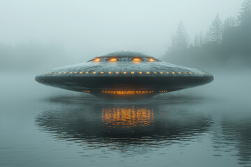 A saucer-shaped UFO with reflective surfaces emerging from a misty lake, creating ripples on the water. Concept of alien vehicles and water-based sightings.