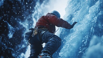 Ice climber scaling a challenging frozen wall, with icy blue textures and the vast expanse of snow below. 4K hyperrealistic photo.