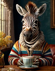 A delightful image of a zebra dressed in a colorful sweater, sitting at a table and enjoying a cup of tea. The quirky and charming scene merges the natural with the whimsical, evoking a sense of