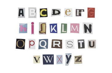 Set of cut-out English alphabet from magazines on a transparent background, retro y2k style