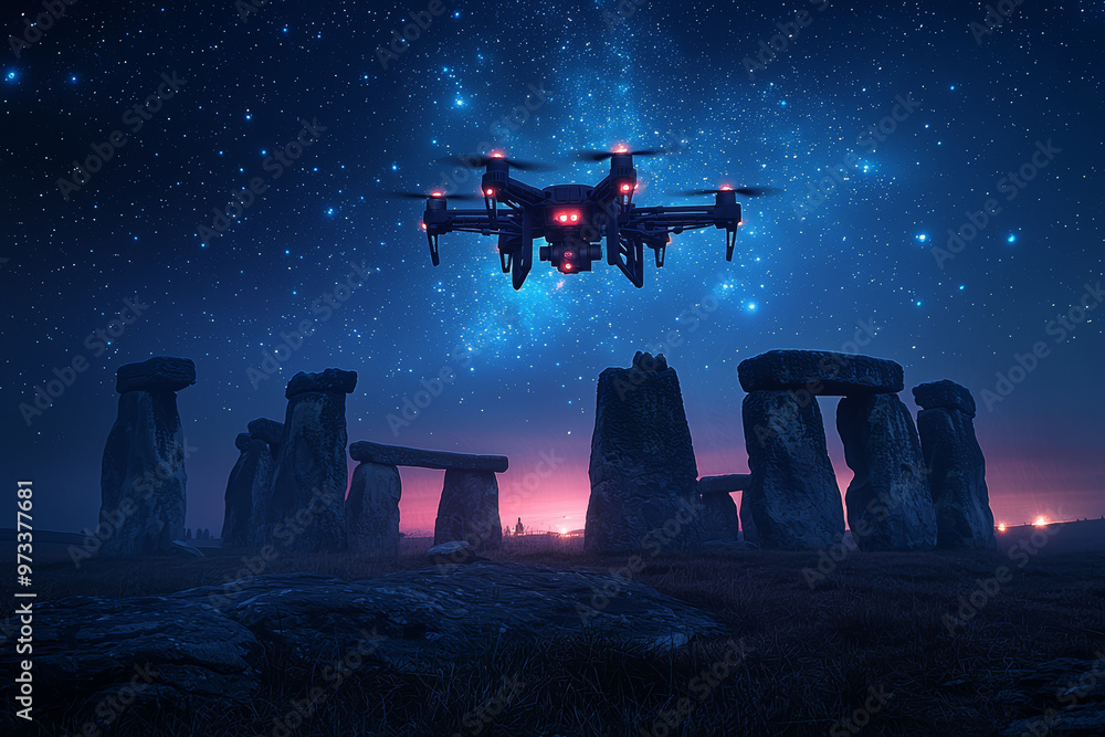 Aufkleber a mysterious, metallic drone-like object hovering above an ancient stone circle under a starry night