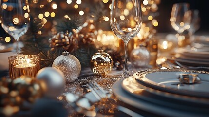 Fototapeta premium New Yearâ€™s Eve table setting with gold and silver decorations, candles, and a festive atmosphere ready for a grand celebration. 4K hyperrealistic photo.