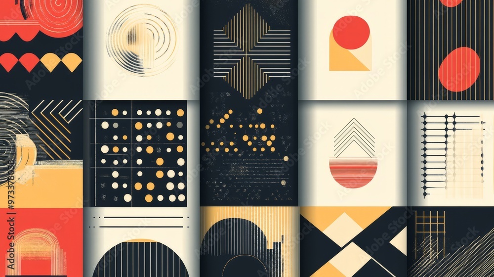 Poster geometric seamless patterns. trendy set of abstract stylish backgrounds with elegant minimal labels,