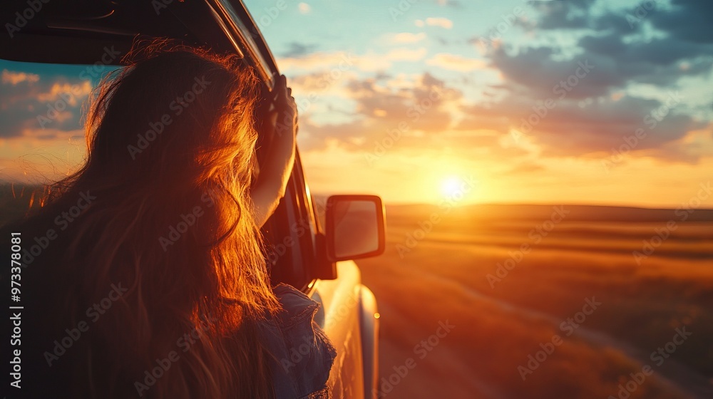 Wall mural freedom, adventure and woman by car for road trip watching sunset on summer vacation or holiday.