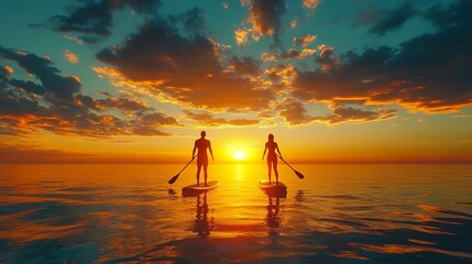 Couple enjoying a peaceful sunset paddleboarding session in calm tropical waters, surrounded by natural beauty. 4K hyperrealistic photo.