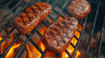 A close up of a grill with meat on it cooking, AI