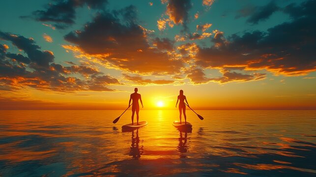 Couple enjoying a peaceful sunset paddleboarding session in calm tropical waters, surrounded by natural beauty. 4K hyperrealistic photo. - Powered by Adobe