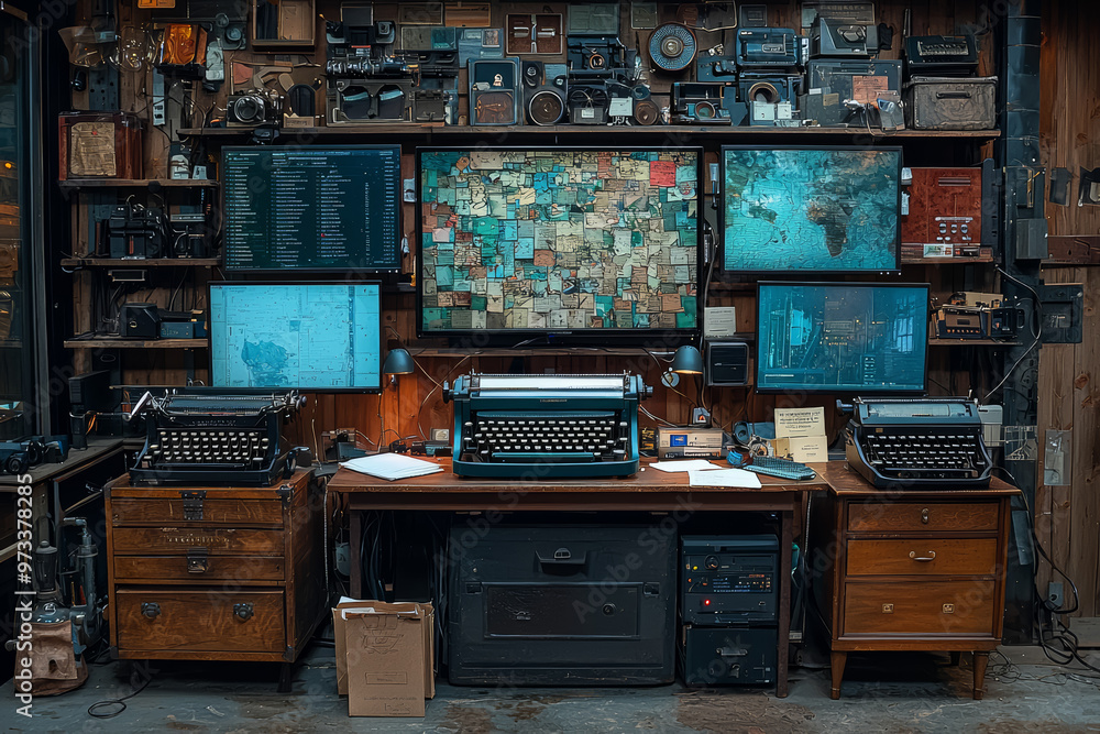 Poster a high-tech, modern computer setup with multiple screens contrasted with an old-fashioned typewriter