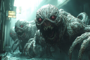 A horrifying, mutated creature with multiple heads and writhing tentacles, crawling out from a laboratory. Concept of scientific experimentation and monster creation.