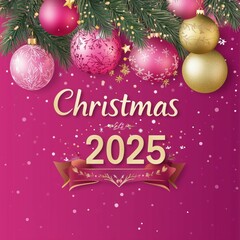 Christmas 2025 celebration with pink and gold ornaments, pine branches, and festive decorations on a bright background