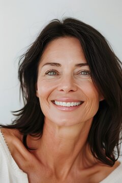 Happy confident mature woman with natural skin healthy on white background