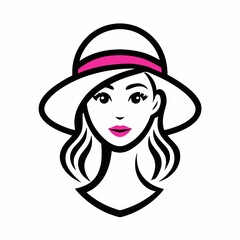 Simple line art logo of a woman wearing a hat, on a white background, vector illustration. Beautiful Woman in Hat Vector.