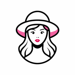 Simple line art logo of a woman wearing a hat, on a white background, vector illustration. Beautiful Woman in Hat Vector.