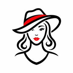 Simple line art logo of a woman wearing a hat, on a white background, vector illustration. Beautiful Woman in Hat Vector.